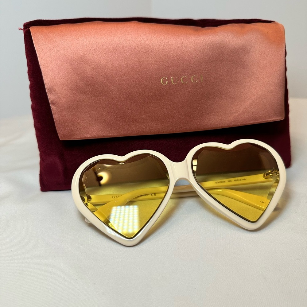 Gucci White Frame Heart Sunglasses with Yellow Lenses - Picture 6 of 6